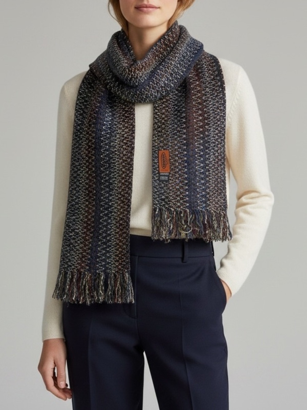 Missoni Multi-Tone Knit Fringe Scarf in Blue and Brown, Zig Zag Pattern, Acrylic